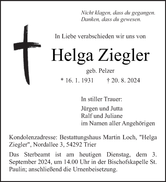 Traueranzeige von Helga Ziegler von trierischer_volksfreund