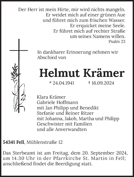 Traueranzeige von Helmut Krämer von trierischer_volksfreund