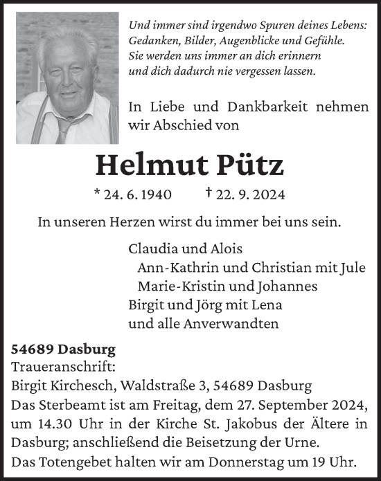 Traueranzeige von Helmut Pütz von trierischer_volksfreund