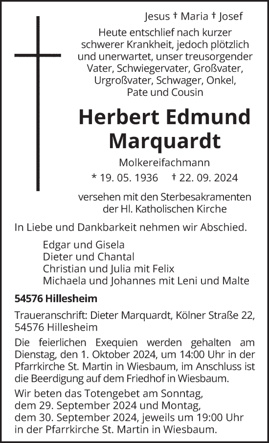 Traueranzeige von Herbert Edmund Marquardt von trierischer_volksfreund