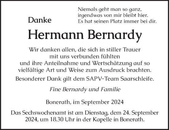 Traueranzeige von Hermann Bernardy von trierischer_volksfreund