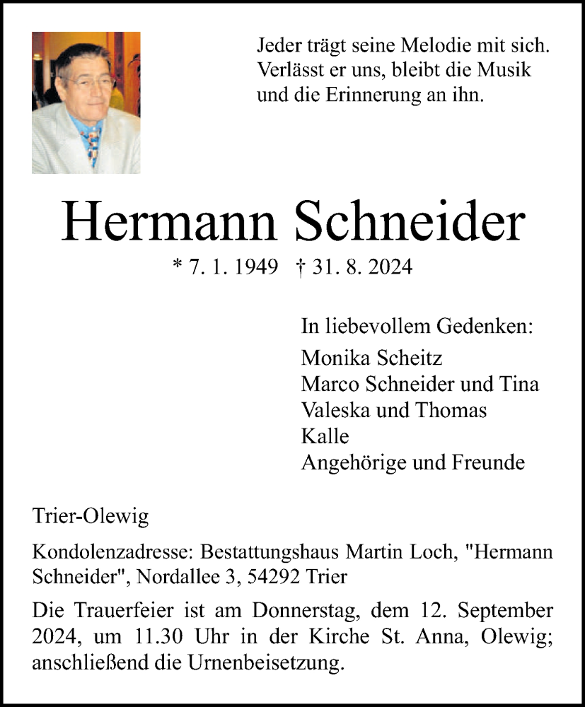  Traueranzeige für Hermann Schneider vom 07.09.2024 aus trierischer_volksfreund