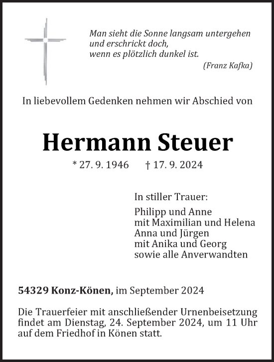 Traueranzeige von Hermann Steuer von trierischer_volksfreund