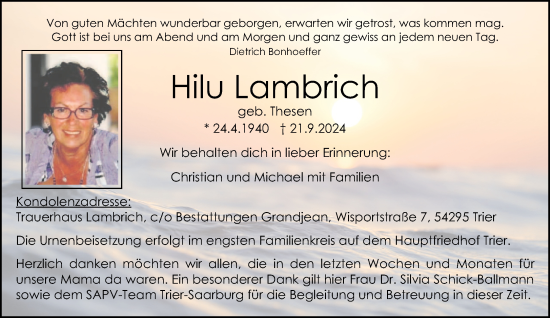 Traueranzeige von Hilu Lambrich von trierischer_volksfreund