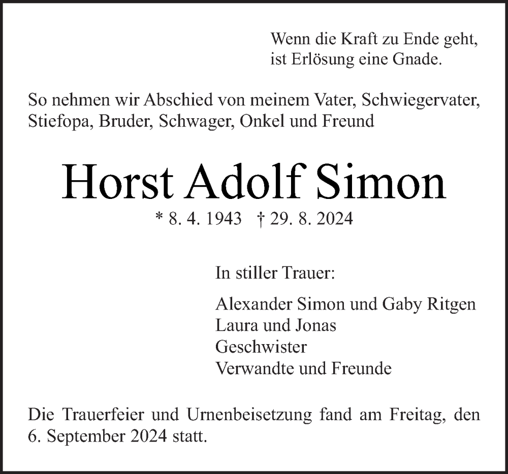  Traueranzeige für Horst Adolf Simon vom 07.09.2024 aus trierischer_volksfreund