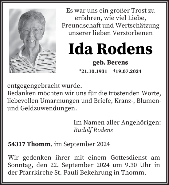 Traueranzeige von Ida Rodens von trierischer_volksfreund