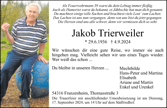 Traueranzeige von Jakob Trierweiler von trierischer_volksfreund