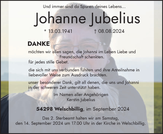 Traueranzeige von Johanne Jubelius von trierischer_volksfreund
