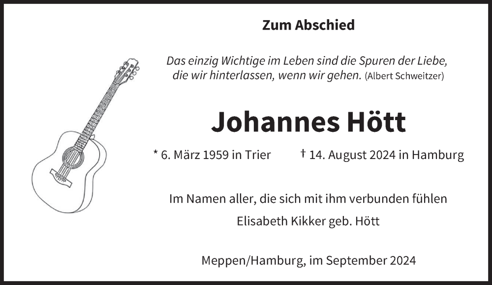  Traueranzeige für Johannes Hött vom 07.09.2024 aus trierischer_volksfreund