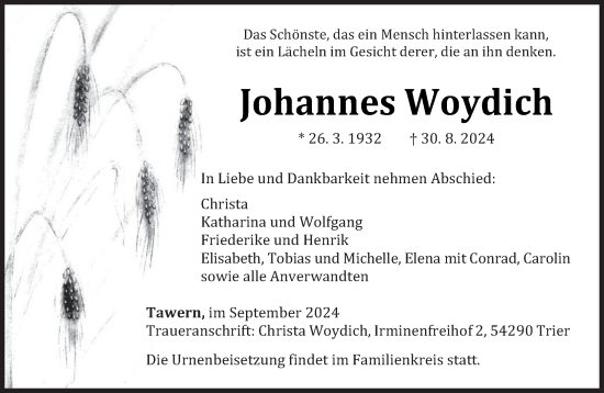 Traueranzeige von Johannes Woydich von trierischer_volksfreund