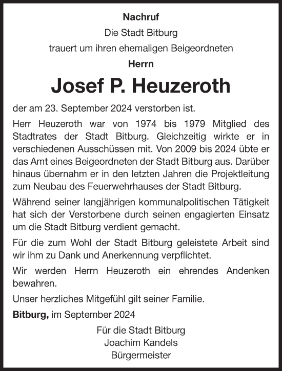 Traueranzeige von Josef Heuzeroth von trierischer_volksfreund