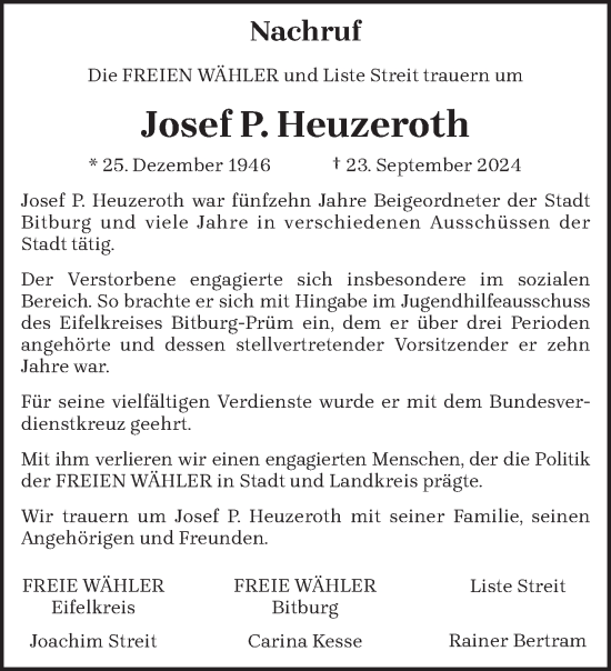 Traueranzeige von Josef Heuzeroth von trierischer_volksfreund