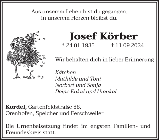 Traueranzeige von Josef Körber von trierischer_volksfreund