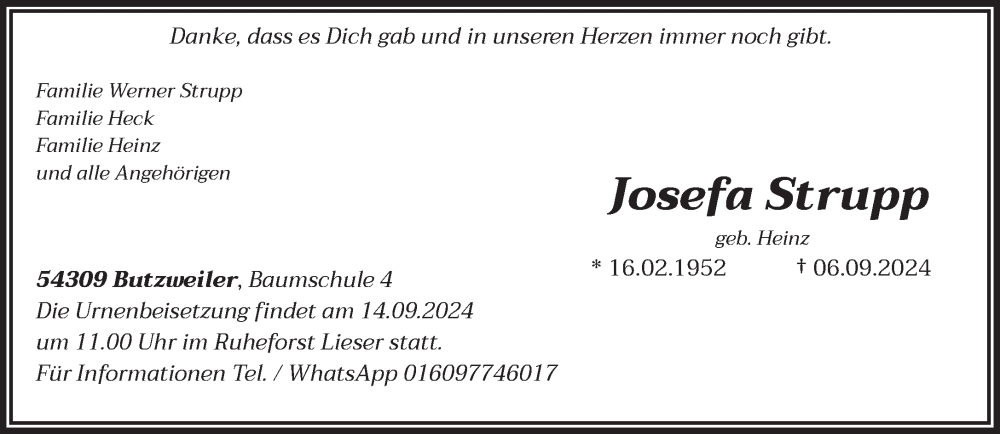  Traueranzeige für Josefa Strupp vom 11.09.2024 aus trierischer_volksfreund