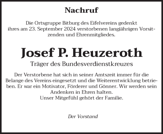 Traueranzeige von Josef P. Heuzeroth von trierischer_volksfreund