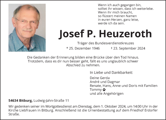 Traueranzeige von Josef P. Heuzeroth von trierischer_volksfreund