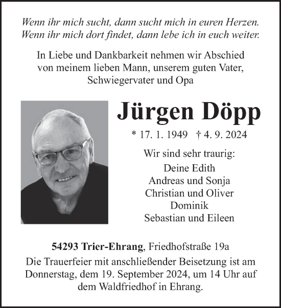 Traueranzeige von Jürgen Döpp von trierischer_volksfreund