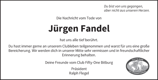 Traueranzeige von Jürgen Fandel von trierischer_volksfreund