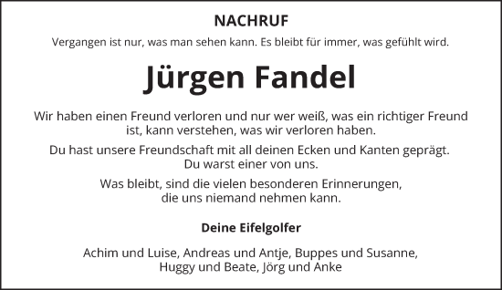 Traueranzeige von Jürgen Fandel von trierischer_volksfreund