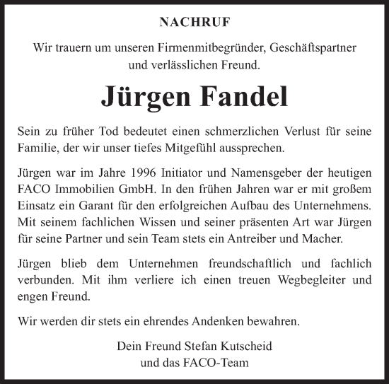 Traueranzeige von Jürgen Fandel von trierischer_volksfreund