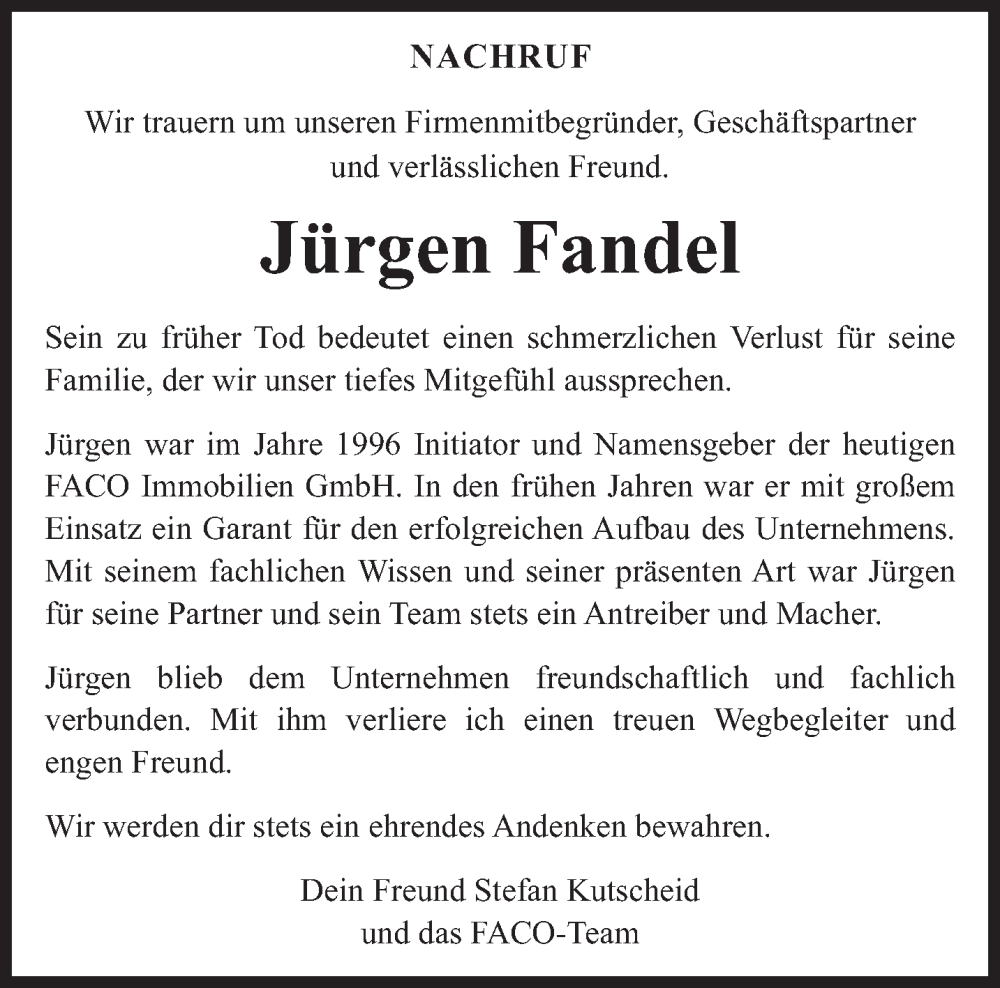  Traueranzeige für Jürgen Fandel vom 07.09.2024 aus trierischer_volksfreund