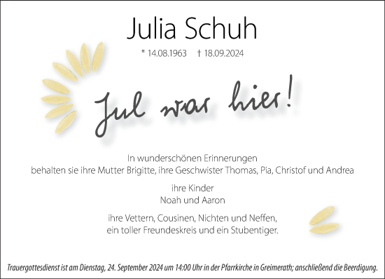 Traueranzeige von Julia Schuh von trierischer_volksfreund