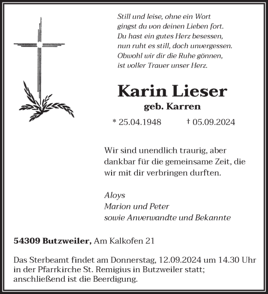 Traueranzeige von Karin Lieser von trierischer_volksfreund