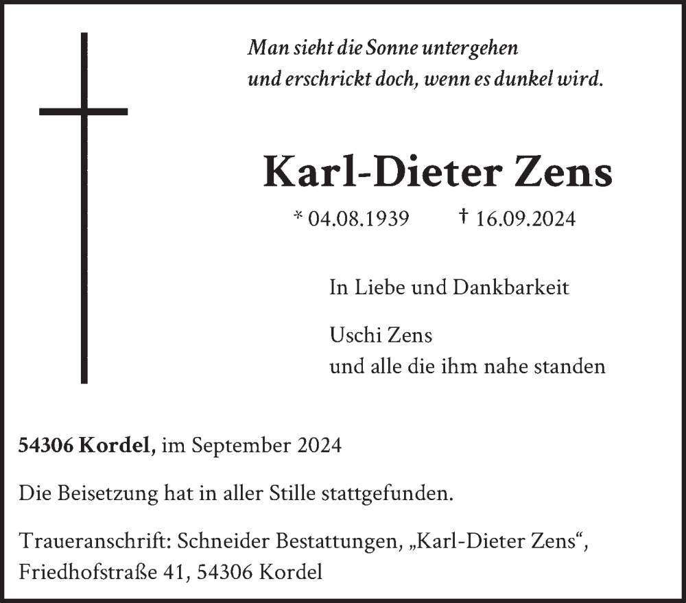  Traueranzeige für Karl-Dieter Zens vom 28.09.2024 aus trierischer_volksfreund