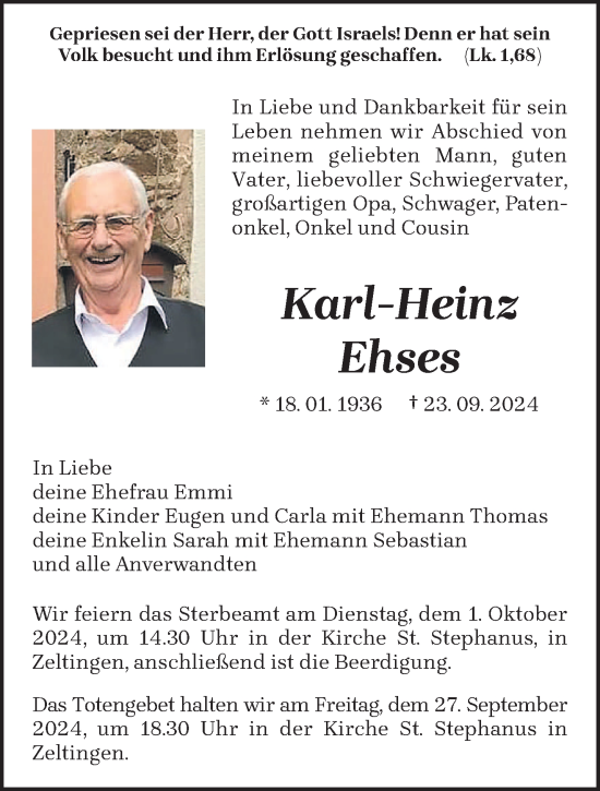 Traueranzeige von Karl-Heinz Ehses von trierischer_volksfreund