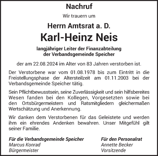 Traueranzeige von Karl-Heinz Neis von trierischer_volksfreund