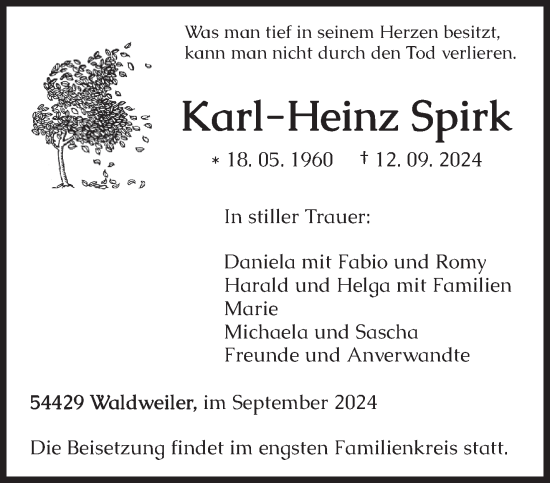 Traueranzeige von Karl-Heinz Spirk von trierischer_volksfreund