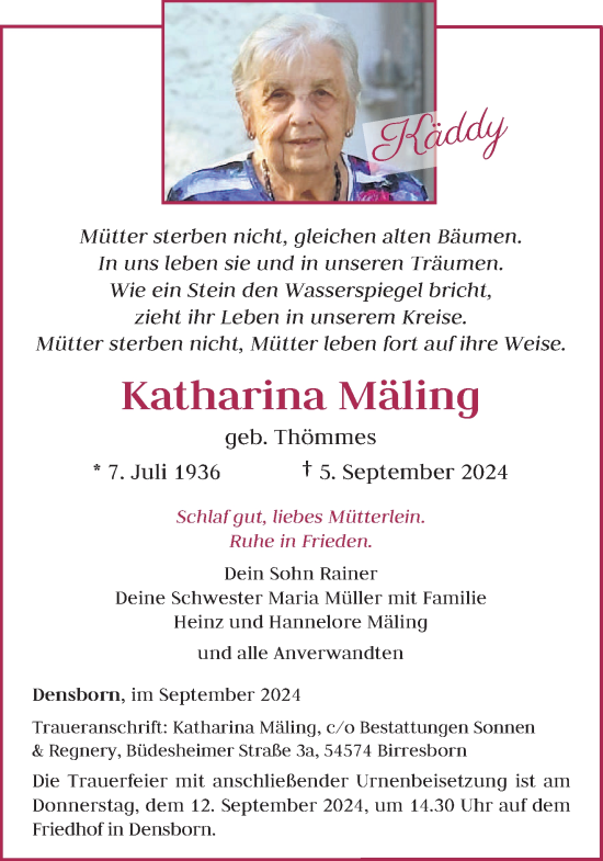 Traueranzeige von Katharina Mäling von trierischer_volksfreund