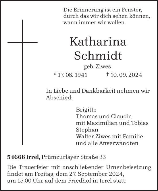 Traueranzeige von Katharina Schmidt von trierischer_volksfreund