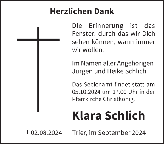 Traueranzeige von Klara Schlich von trierischer_volksfreund