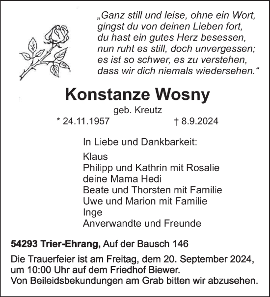 Traueranzeige von Konstanze Wosny von trierischer_volksfreund