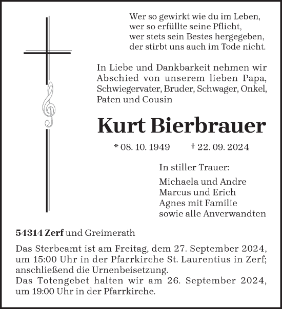 Traueranzeige von Kurt Bierbrauer von trierischer_volksfreund