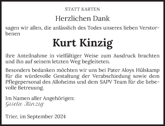 Traueranzeige von Kurt Kinzig von trierischer_volksfreund