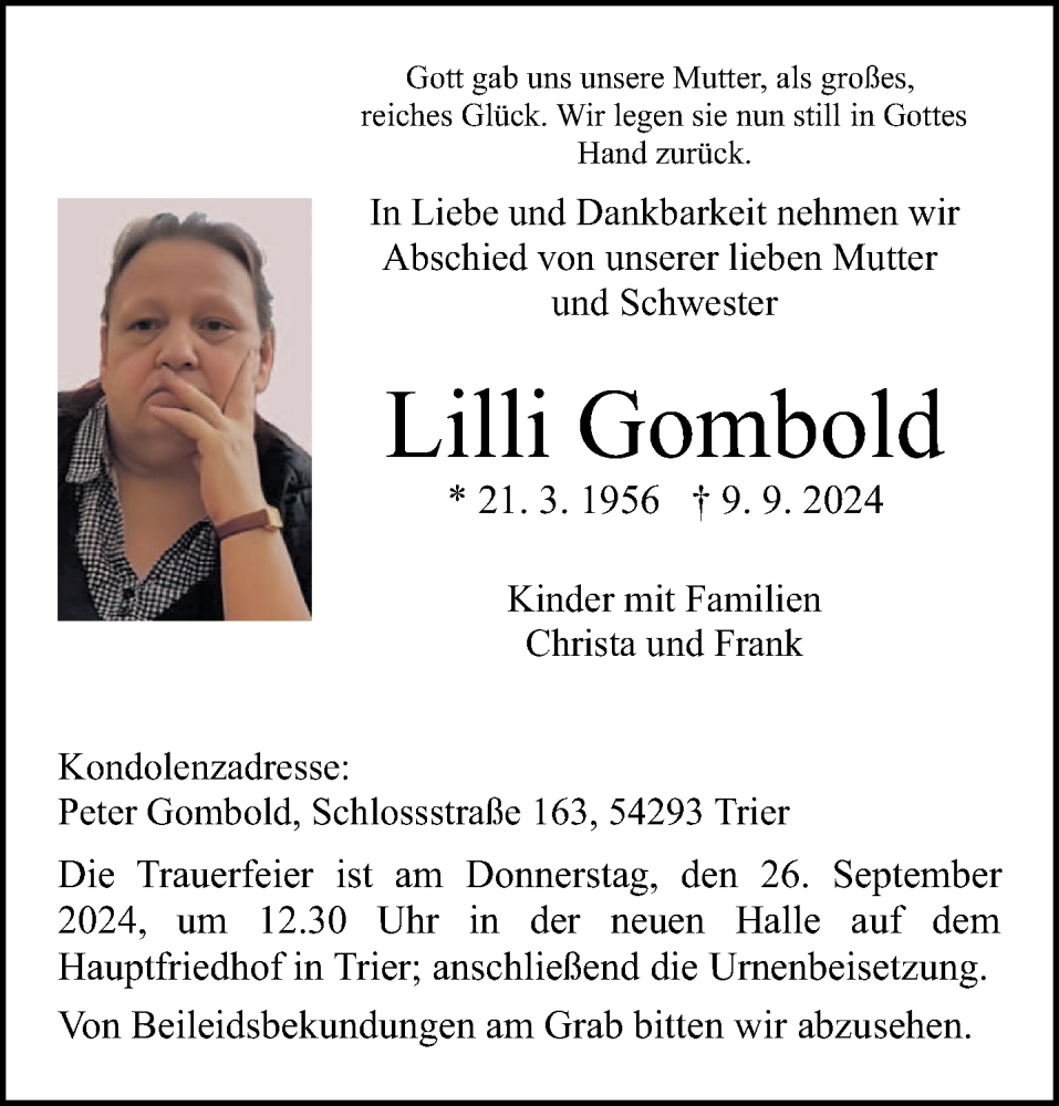  Traueranzeige für Lilli Gombold vom 21.09.2024 aus trierischer_volksfreund