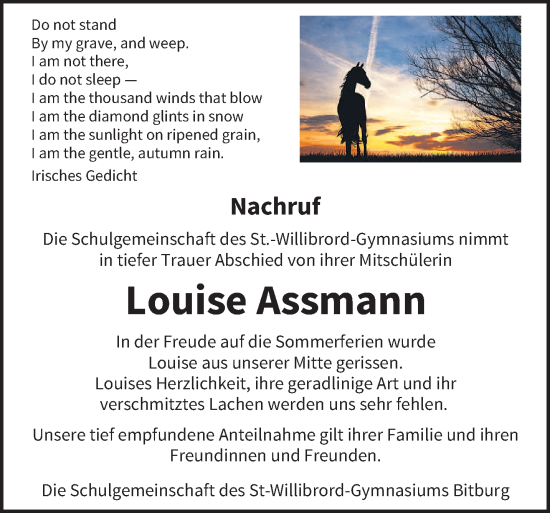 Traueranzeige von Louise Assmann von trierischer_volksfreund