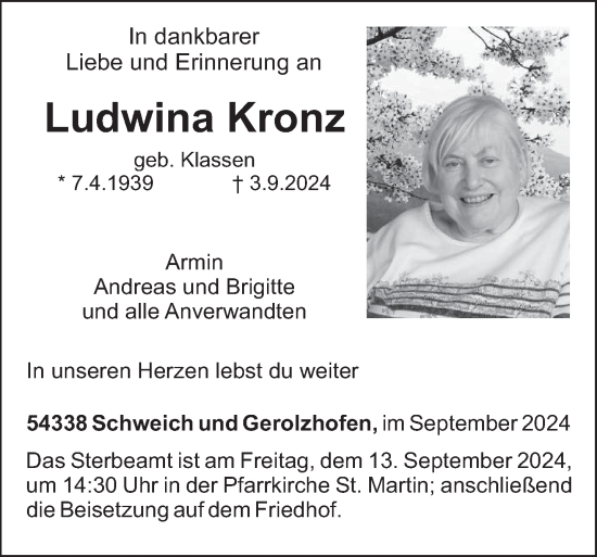 Traueranzeige von Ludwina Kronz von trierischer_volksfreund