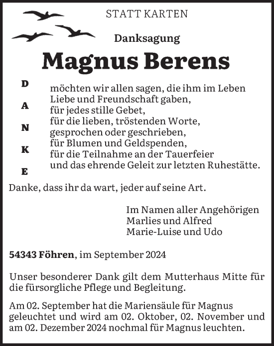 Traueranzeige von Magnus Berens von trierischer_volksfreund