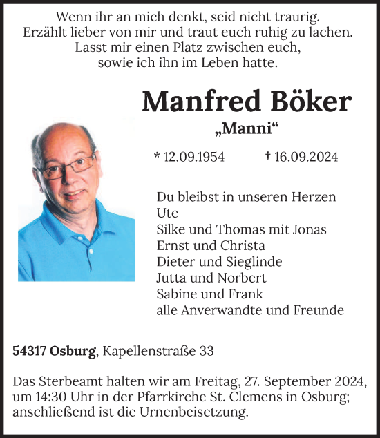 Traueranzeige von Manfred Böker von trierischer_volksfreund