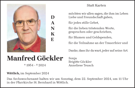 Traueranzeige von Manfred Göckler von trierischer_volksfreund