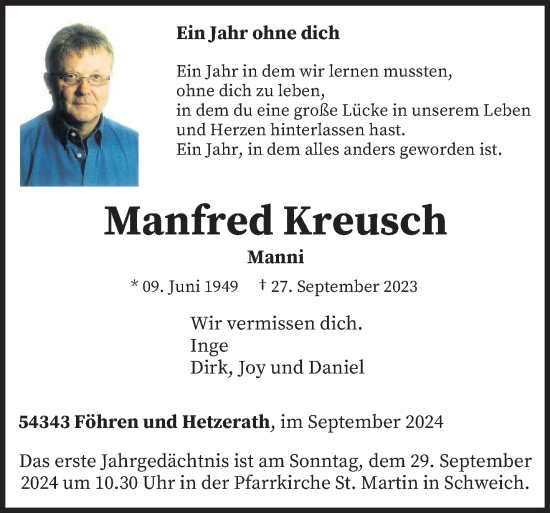 Traueranzeige von Manfred Kreusch von trierischer_volksfreund
