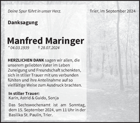 Traueranzeige von Manfred Maringer von trierischer_volksfreund