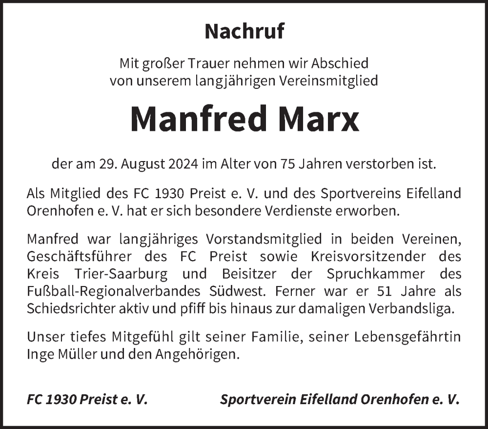  Traueranzeige für Manfred Marx vom 07.09.2024 aus trierischer_volksfreund