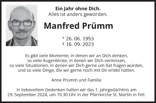 Traueranzeige von Manfred Prümm von trierischer_volksfreund