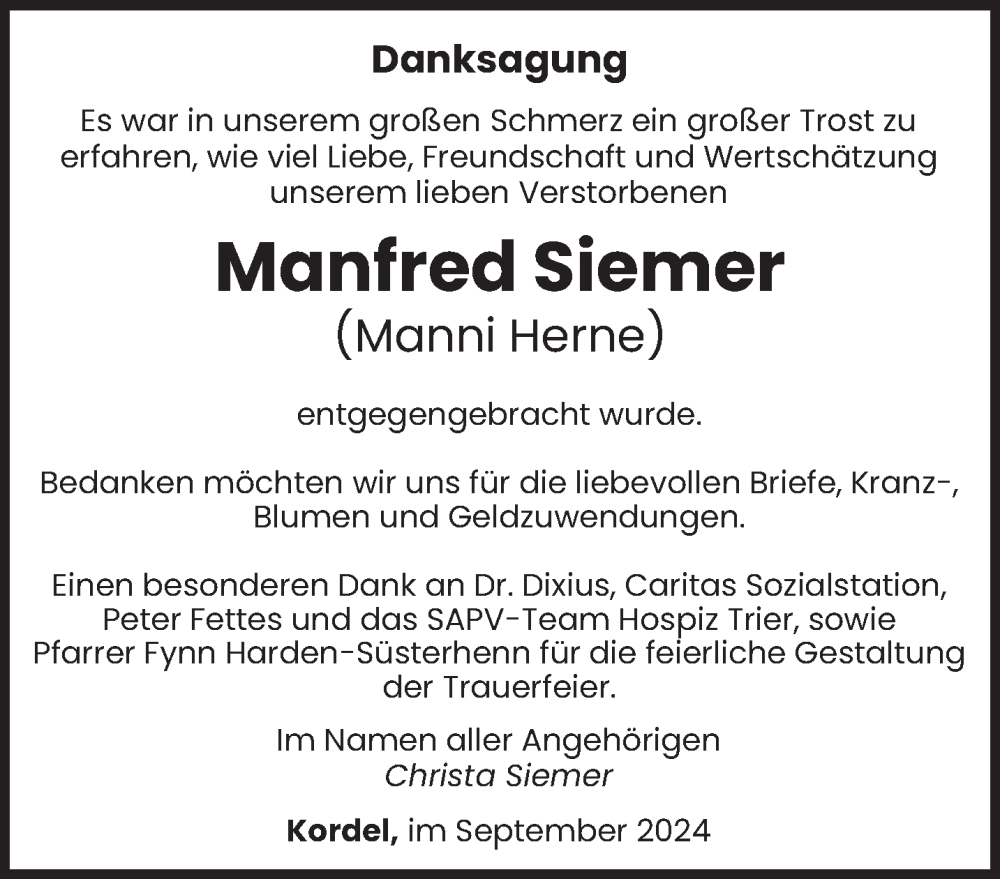  Traueranzeige für Manfred Siemer vom 14.09.2024 aus trierischer_volksfreund