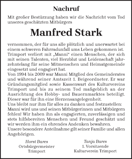 Traueranzeige von Manfred Stark von trierischer_volksfreund