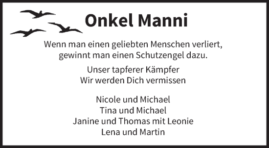 Traueranzeige von Manni  von trierischer_volksfreund